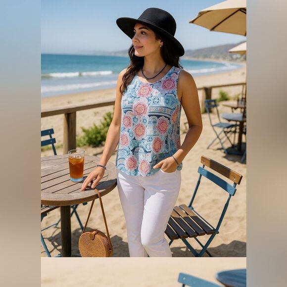 J. Jill 🌸 Love Linen Boho Mosaic Tank Top Sz L | Summer Resort Chic 🏖️ EUC - Picture 1 of 7